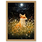 Artery8 Watching the Fireflies Dance Happy Fox over a Wildflower Meadow Oil Painting Orange White Blue Full Moon Spring Night Dreamy Landscape Artwork Framed A3 Wall Art Print