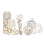 Suavinex, Coffret Cadeau Nouveau-né. Kit Biberons Anti-Coliques 150 ml et 270 ml + Sucette 0/6 Mois avec Tetine Symétrique SX Pro + Doseur Lait + Attache-sucette + Boîte à Tétines. Wonderland Beige