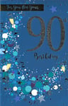 90th BIRTHDAY CARD - AGE 90 - BLUE, CONFETTI, DRINKS