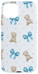 Coque pour iPhone 15 Plus Ruban bleu avec motif à pois et ours en peluche mignons