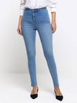 River Island High Rise Kaia Jeans - Mid Wash, Blue, Size 14, Inside Leg Long, Women