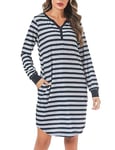 Nieery Chemise de Nuit Femme Manche Longue à Rayures en Coton avec Poche mi-Longue col en V Pyjama Femme Hiver Robe de Nuit Ample Grande Taille Nuisette Femme Coton