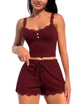 RSLOVE Ensemble de Pyjama en Dentelle pour Femme Vêtements de Nuit Sexy Hauts et Shorts 2 Pièces Bordeaux L