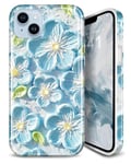 JIAXIUFEN Coque pour iPhone 14 iPhone 13 Paillettes Rétro Peinture à l'huile Imprimé Fleur Motif Mince Antichoc Protection TPU Silicone Souple Housse de Téléphone Case Phone Case Bleu Menthe