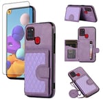 Asuwish Phone Case for Samsung Galaxy A21S Wallet Cover with Tempered Glass Screen Protector and Crossbody Strap Lanyard Credit Card Holder Stand Flip Kickstand Slim TPU Cell A 21S Women Girls Purple