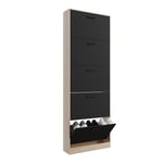 CASABEL Meuble de Rangement à Chaussure 15 Paires - Grande Capacité pour Entrée - L60xP17xH180 cm - Portes Noires Cadre Bois Clair