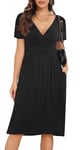 CHANGMU Women's Midi Dresses Ladies Summer Wrap Dress Casual Short Sleeve Frocks with Pockets, Black, Large