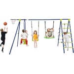 Goplus - Portique Balançoire Extérieur Enfants, 2 Balançoires, 1 Bascule, Panier de Basketball, Échelle d'escalade et Filet Basket, Charge 250KG pour