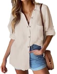 HOTOUCH Womens Casual Tunic Blouse V Neck Rolled Up Sleeve Cotton Elegant Plain Loose Button Down Shirts Polo Tops Beige XXL