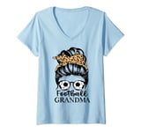 Womens Football Grandma Life Messy Bun Hair Funny Football Grandma V-Neck T-Shirt