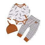 0-24 Months Baby Tops Pants Hat Outfits,Newborn Boy Girl Long Sleeve Feather Print T shirt Striped Pants Headband Clothes Set (Bodysuit Pants Hat, 12-18 Months)