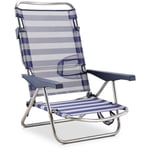 Solenny - Chaise de Plage Lit Pliable 4 Positions Bleu et Blanc Dossier Bas avec Accoudoirs 81x62x86 cm