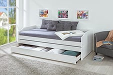 Inter Link - Lit gigogne - Lit avec rangements - Lit tiroir – Lit convertible - 3 couchages 90 x 200 cm - Bois massif – 2 sommiers à lattes inclus - Sans matelas – Blanc vernis - Lotar 90x200 cm