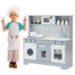 GOPLUS Cuisine Enfant avec Lumière, Jouet de Cuisine en MDF avec Évier, Cuisinière, Distributeur d'eau, Réfrigérateur, Rangements Inclus, Jeu d'Imitation pour Garçon Filles 3+ Ans, Gris