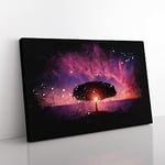 Lone Tree Beneath A Purple Sunset Paint Splash Modern Art Canvas Wall Art Print Ready to Hang, Framed Picture for Living Room Bedroom Home Office Décor, 76x50 cm (30x20 Inch)