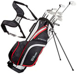 Wilson Amazon Exclusive Men's Stretch Beginner Complete Set, 10 Extended Length (+1 in) Golf Clubs with Stand Bag, Black/Grey/Red, Extended Length