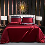 Parure de Lit 240 x 260 Satin Vin Rouge Gris Unie Housse de Couette 2 Personne Adulte Satinée Soie Lisse Soyeux Brillant Ensemble de Literie avec Fermeture éclair et 2x 65x65cm Taies d'oreiller