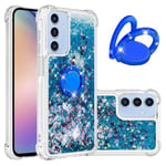 IMEIKONST Glitter Case for Samsung Galaxy A15 5G with Metal Ring Kickstand, Moving Liquid Bling Quicksand Transparent Sequin Shockproof Protective Cover for Samsung A15 5G. Love Blue YBZ