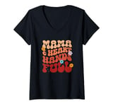 Womens Mama Heart Hands Full Retro Floral Typography V-Neck T-Shirt