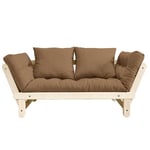 Banquette méridienne futon BEAT pin naturel tissu coloris mocca couchage 75*200 cm.