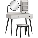 Dressing Table Set 3 Drawers Shelves Round Mirror Stool Bedroom