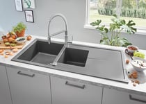 GROHE Kitchen Set of Get Tap & K400 Sink – (Granite Gray Quartz Composite Kitchen Sink 1 Bowl 400x420x205mm 2 Bowl 295x295x205mm Overall 116x50cm, Chrome Professional Sink Tap Size 455mm Tails 3/8")