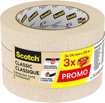 Scotch Masking Tape Classic Premium Beige, Promo Pack of 3 Rolls, 24 mm x 50 m - Adhesion - Painters Masking Tape for Indoor Painting and Decorating