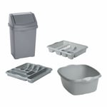 Silver Set -8L Swing Bin, Dish Drainer, Cutlery Tray, 39cm Washing Bowl Home -UK