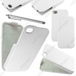 Etui Coque Housse a Rabat Rev�tement Carbone Blanc  pour Iphone 4S 4 + Stylet