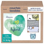 Pampers Harmonie Hybrid, 3 Couches Lavables Hybrid, Protège la Peau Sensible des Bébés, Avec des Ingrédients d’Origine Végétale et 0% de Parfum, Motifs Mignons