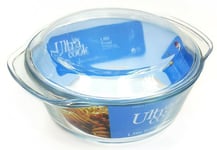 Ultracook 2L Round SOLID Glass Casserole Dish With Lid Roaster With Side Handles