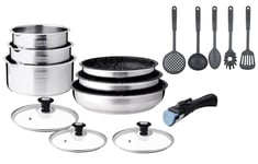 Arthur Martin, Batterie de Cuisine, 15 pcs avec casseroles 16-18-20 cm poêle 20-22-26 cm anti adhérent couvercles 16-18-20 cm 5 ustensiles poignée, Set Tous Feux