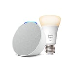 Echo Pop | Blanc + Philips Hue White ampoule connectée (E27), Fonctionne avec Alexa - Kit de démarrage Maison connectée