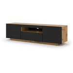 Meuble tv suspendu ou sur pied 150x42/36x37 Cm stand aura Structure chêne et façades Noir mat