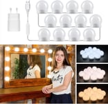 Lumiere Miroir Coiffeuse 12 Ampoules Hollywood Avec Adaptateur,Usb Cable Reglable,3 Couleurs Et 10 Intensites,Lampe Coiffeuse Maquillage Dimmable,Lumiere Miroir Led Adhesif