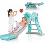 Goplus - 3 en 1 Toboggan Enfant Plaible avec Panier de Basket et Échelle Escalade pour Enfants 18 m+, Charge 20KG, 147x81x75CM, Bleu