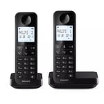 Philips Duo D2702B - Téléphones Fixes sans Fil, écran rétroéclairé 4,6", Microphone Vertical, appels Mains Libres, jusqu'à 14 Heures, antenne optimisée, Deux téléphones, Noir