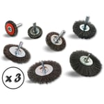 Kibros - Brosse rotative circulaire métallique Fil acier sur tige ø 6 mm - Lot de 3 - Pack 7 ø différents - Fil dur