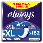 Always Daily Protect Extra Long Panty Liners, Odour Lock, 4x38 Count, Comfortable with Absorbent Core