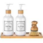 4 Pieces Kitchen Soap Dispenser Set 16 oz Dish Soap Dispenser with Bamboo Pump Soap Tray and Dish Brush Bathroom Soap Dispenser Set with Waterproof Labels for Hand Soap Dish Lotion (White)