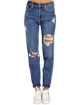 Roskiky Boyfriend Jean stretch pour femme - Taille haute - Jean côtelé - Distressed Mom, Bleu intemporel, M