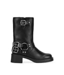 BOSANOVA Bottines de style motard fabriquées avec détail d'œillet métallique, boucles décoratives sur la tige et semelle plate avec talon léger de 4,7 cm. Fermeture éclair. Chaussures pour femme, Noir