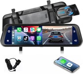 Rétroviseur Dashcam sans Fil Carplay Android Auto,9,66 Pouces HD 1080P IPS Écran Tactile Double Caméra de Tableau,2 Écrans d'affichage,Bluetooth(Q66)