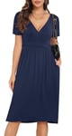 CHANGMU Women's Midi Dresses Ladies Summer Wrap Dress Casual Short Sleeve Frocks with Pockets, Navy Blue, Medium