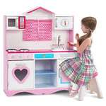 DREAMADE Cuisine Enfant, Cuisine en Bois avec Évier, Cuisinière, Four à Micro-Ondes, Cadeau Parfait, Rose