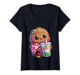 Womens Kiwi Bird Drinking Bubble Tea Japanese Kimono V-Neck T-Shirt