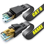 Akake Cat 8 Ethernet Cable, 9M Heavy Duty High Speed Flat Internet Network Cable, Professional LAN Cable, 26AWG, 2000Mhz 40Gbps with Gold Plated RJ45 Connector, Shielded in Wall, Indoor&Outdoor, Black