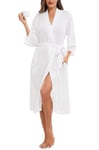 Lovasy Peignoir Long Femme en Tricot Gaufré Robes de Chambre Doux et Léger Longueur sous les Genoux Loungewear Col V avec Ceinture A Blanc(Petite Gaufré) XL