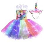 Barn Flickor Enhörning Led Paljett Tutu Tulle Klänning Huvudbonad Set Fancy Bal Klänning Födelsedagsfest Kostym Outfit B 4-6Years