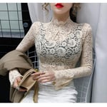 Ladies' Bottoming Shirt Cotton Lace Turtleneck Blouses Female Hollow Out Full Flare Sleeve Stretchy Suitable For Various Scenes-Apricot_2Xl